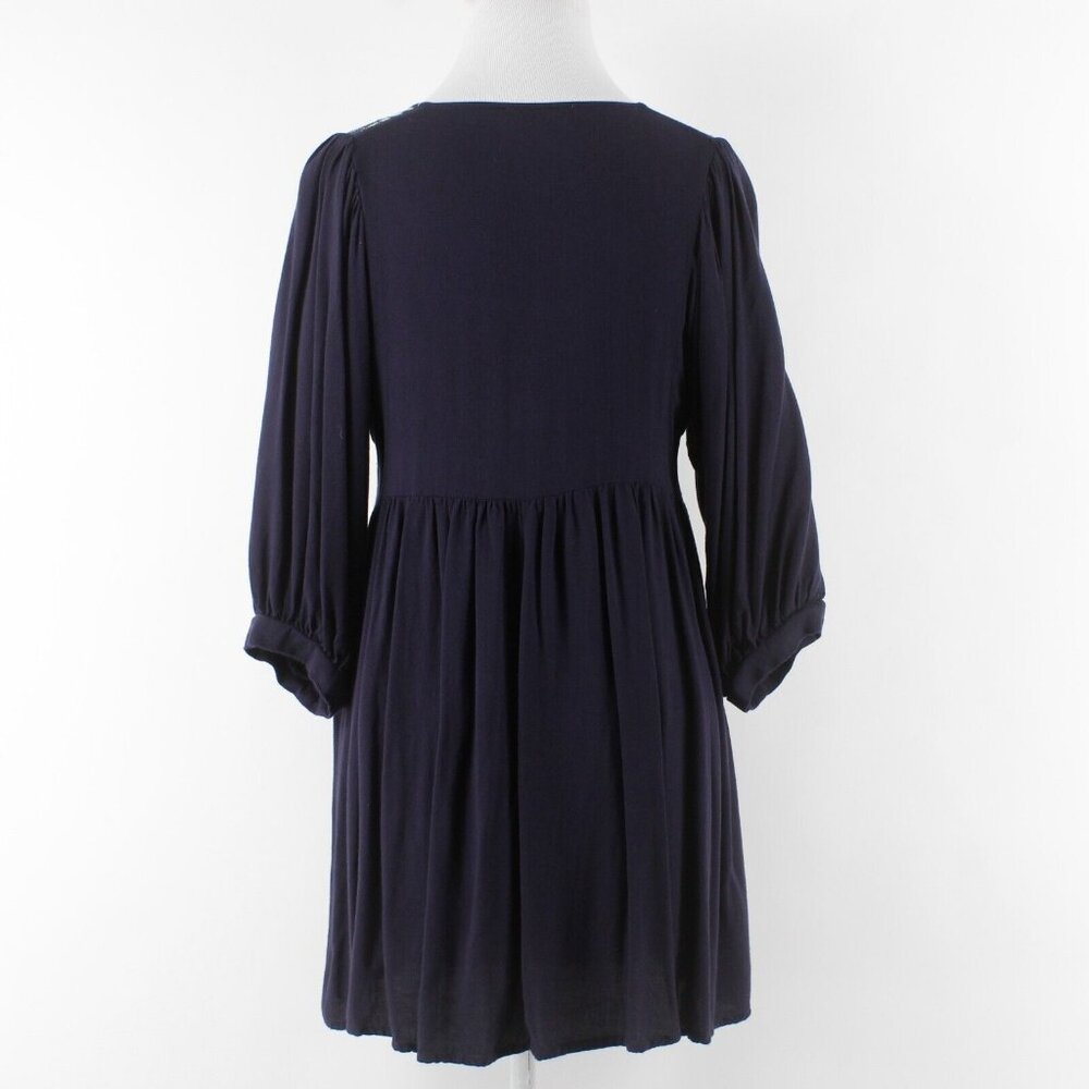 Umgee Sz S Navy Blue Multi Applique Front Gathered Cotton Poly Flowing Dress - Picture 3 of 13